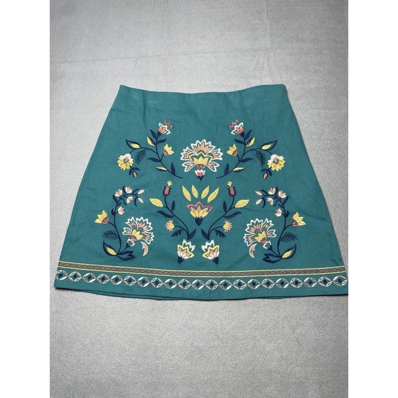 miami Dresses & Skirts - Women's Skirt MED‎ Embroidered Boho Teal Green Stretch Side Zip Colorful Western